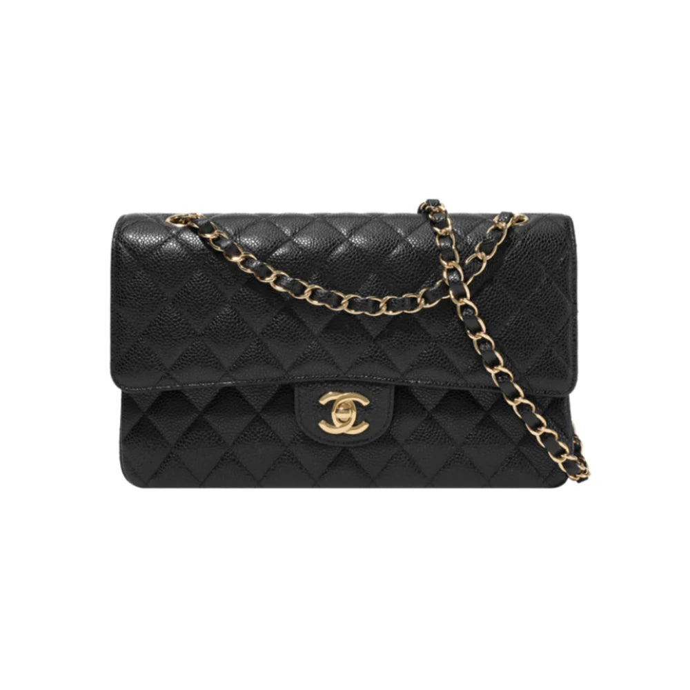 CHANEL 클래식 미디움 플립백 그레인드 카프스킨 & 골드메탈 블랙