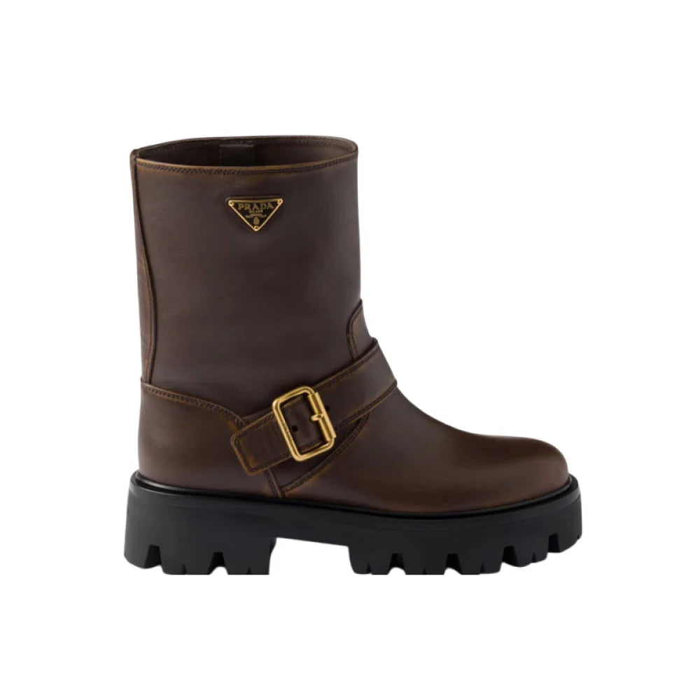 PRADA 버클 스크랩 가죽부츠 브라운