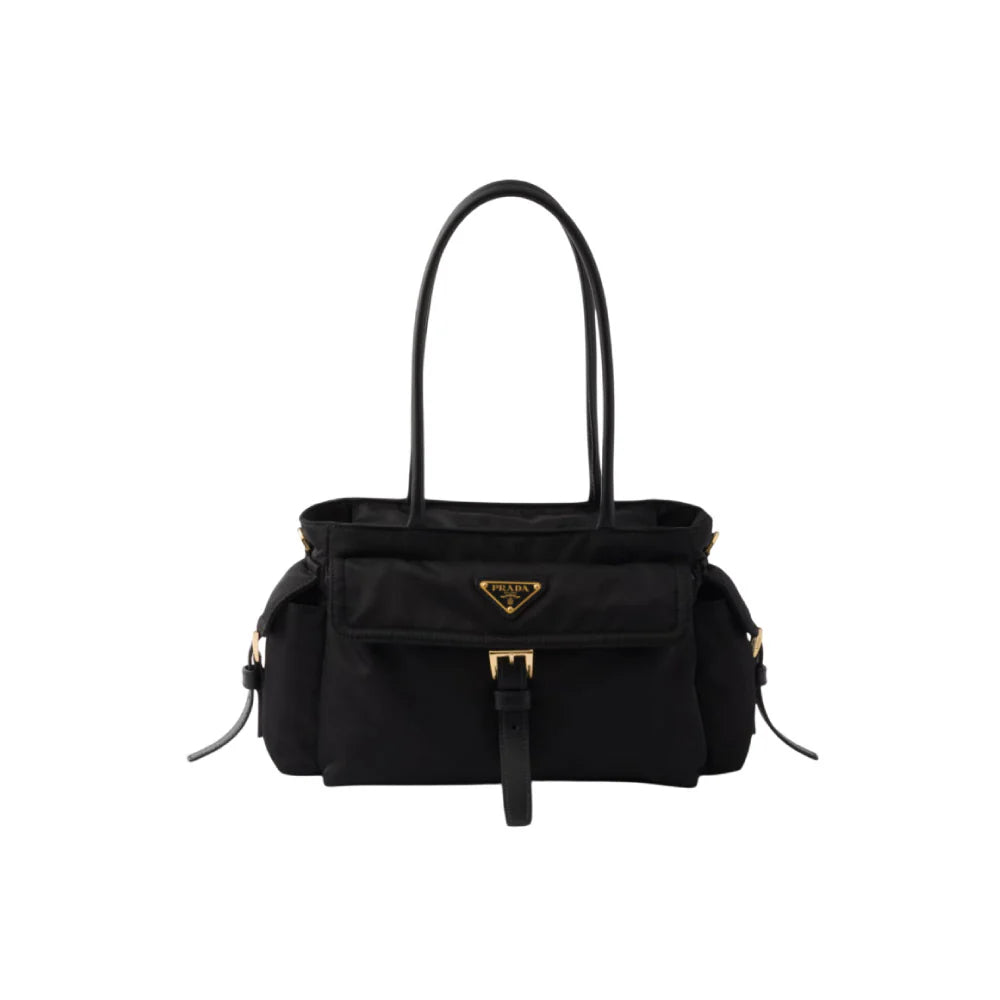 PRADA 익스플로어 미디엄 리나일론 앤 레더 토트백 블랙