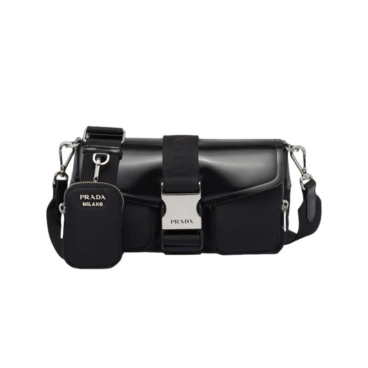 PRADA 포켓 나일론 브러쉬드 레더 백 블랙