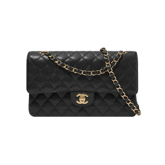 CHANEL 클래식 미디움 플립백 그레인드 카프스킨 & 골드메탈 블랙