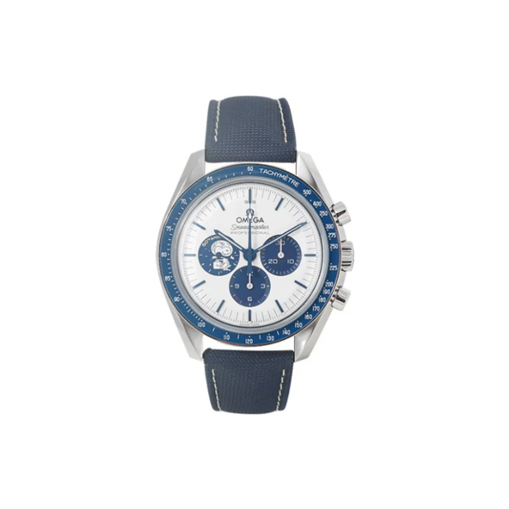 OMEGA 스피드마스터 실버 스누피 어워드 50주년 시리즈 코 액시얼 크로노미터 크로노그래프 스틸 실버 블루