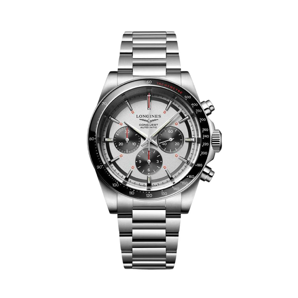 LONGINES 콘퀘스트 크로노그래프 오토메틱 42 실버 다이얼 블랙 베젤