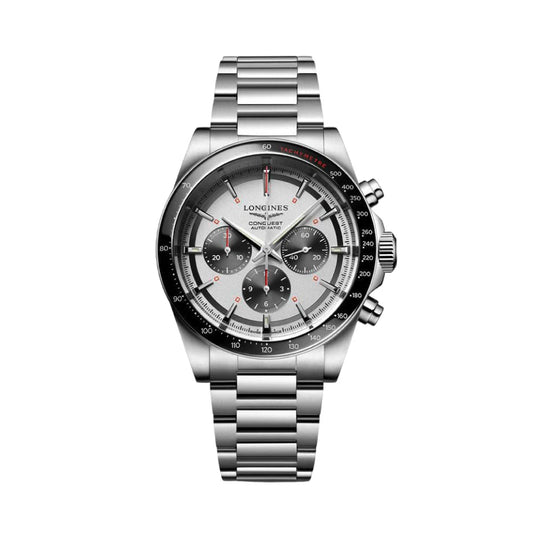 LONGINES 콘퀘스트 크로노그래프 오토메틱 42 실버 다이얼 블랙 베젤