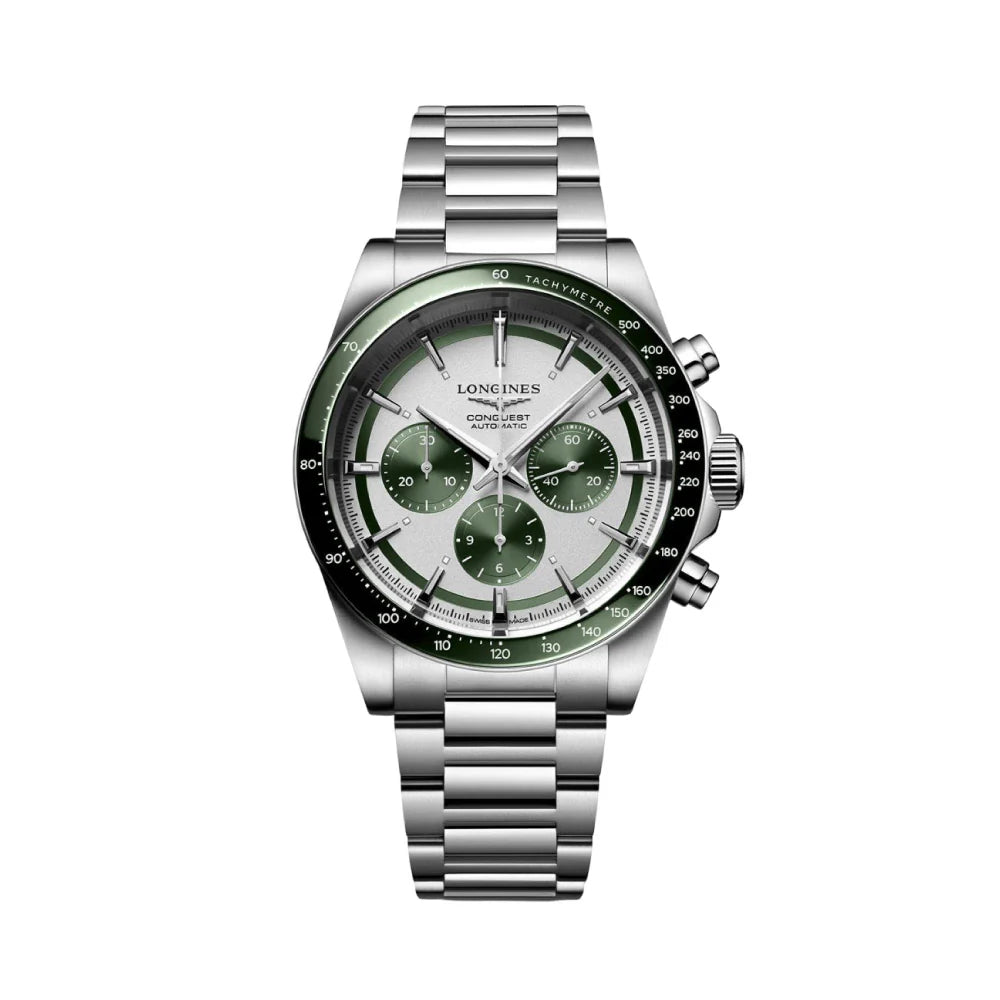 LONGINES 콘퀘스트 크로노그래프 오토메틱 42 실버 다이얼 그린 베젤