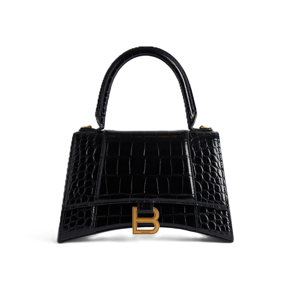 Balenciaga 발렌시아가 아워글래스 스몰 핸드백 크로커다일 엠보스 블랙