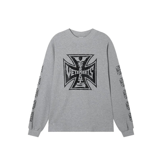 VETEMENTS 바이커 크로스 와플 롱슬리브 티셔츠 그레이 멜란지 *국내배송*